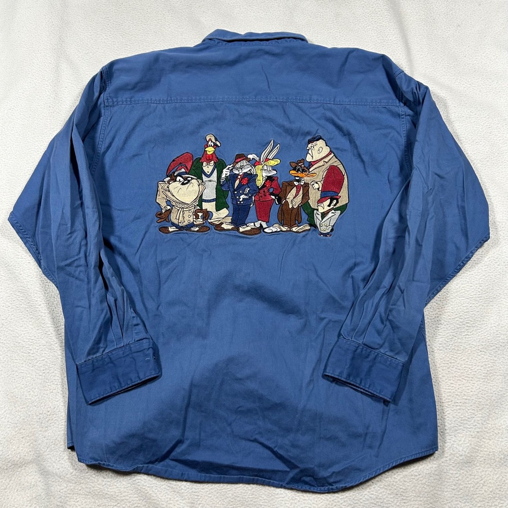 Acme Clothing Co Button Down Shirt Mens XL Blue Looney Tunes Mobster 1994 Vtg